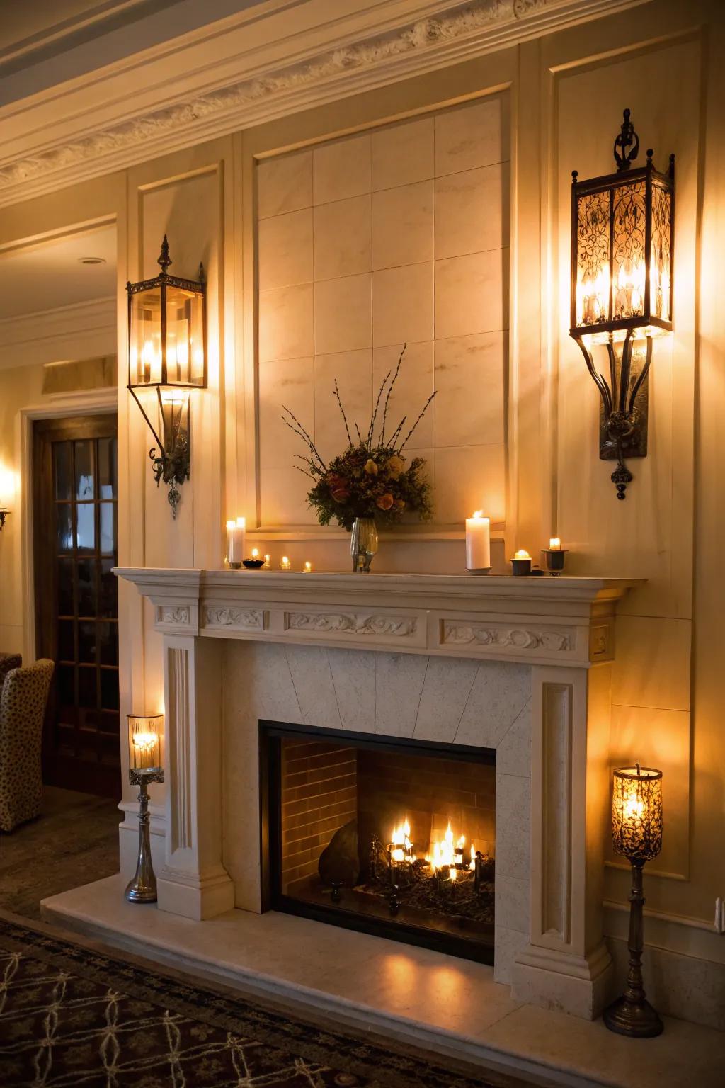 Staged lighting highlights the beauty of the fireplace finishes.