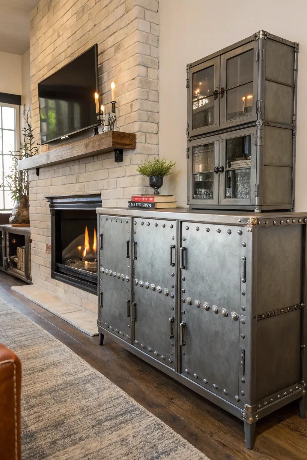 Steel accents introduce an industrial edge to your fireplace cabinets.