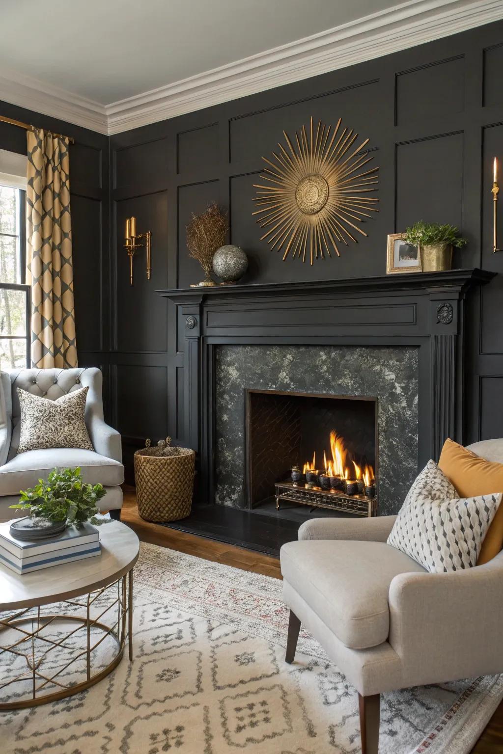 A stylish living space showcasing a fireplace with a daring painted frame.