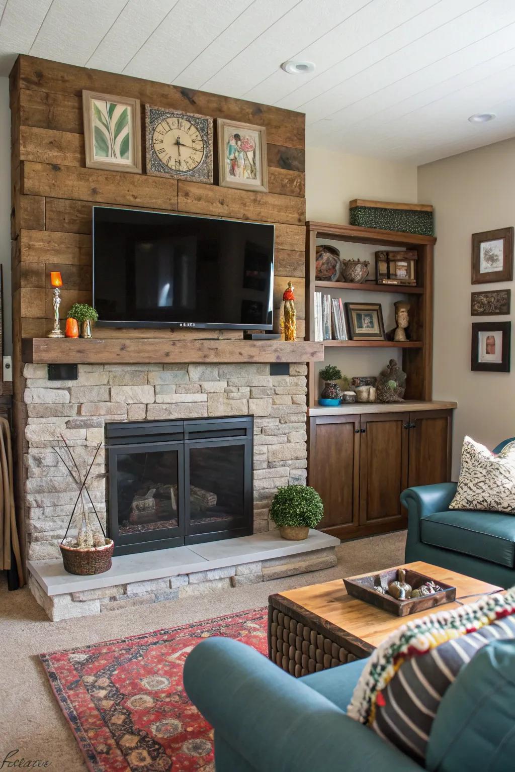 A family room showcasing a mixed material fireplace wall featuring a TV.