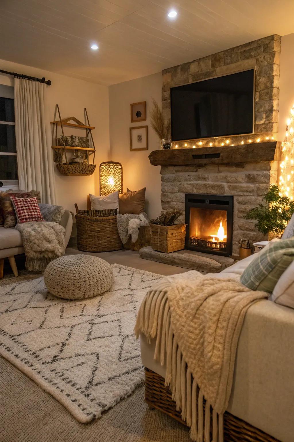 A cozy lounge with mixed textures surrounding a fireplace and TV.