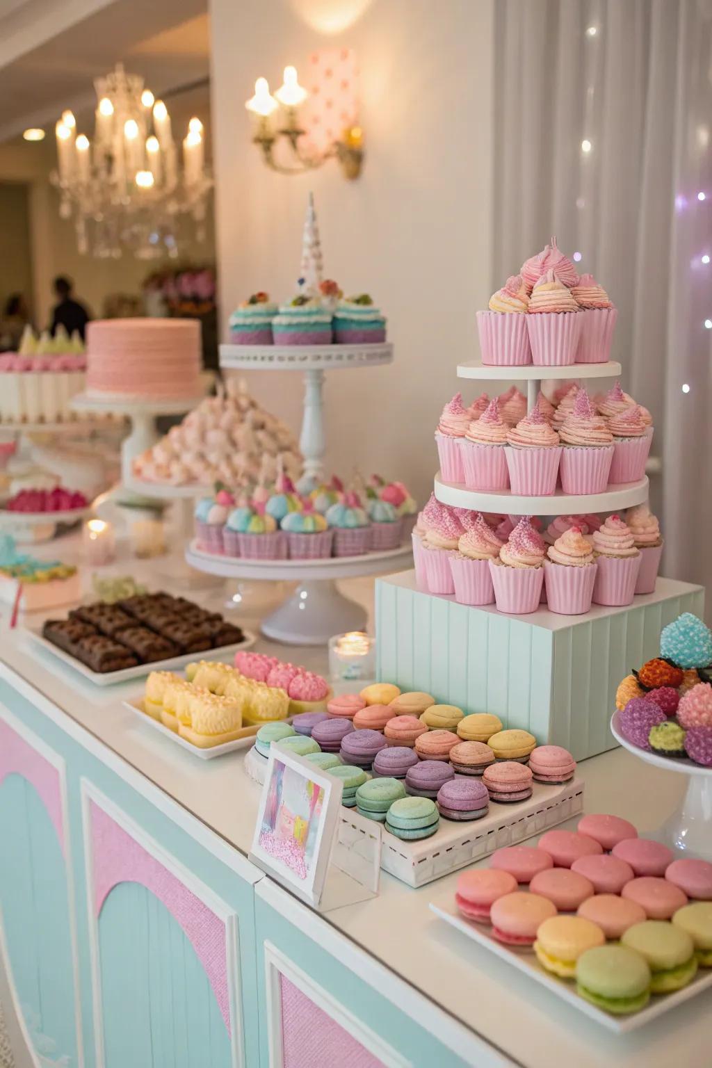A tempting confection bar replete with treats harmonizing with the soiree's themed colors.