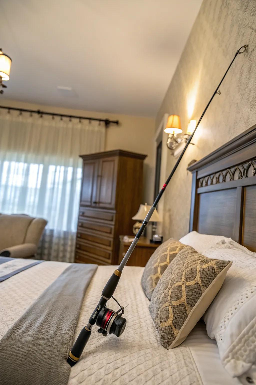An angling tool headboard proffers a singular and eclectic boudoir essence.