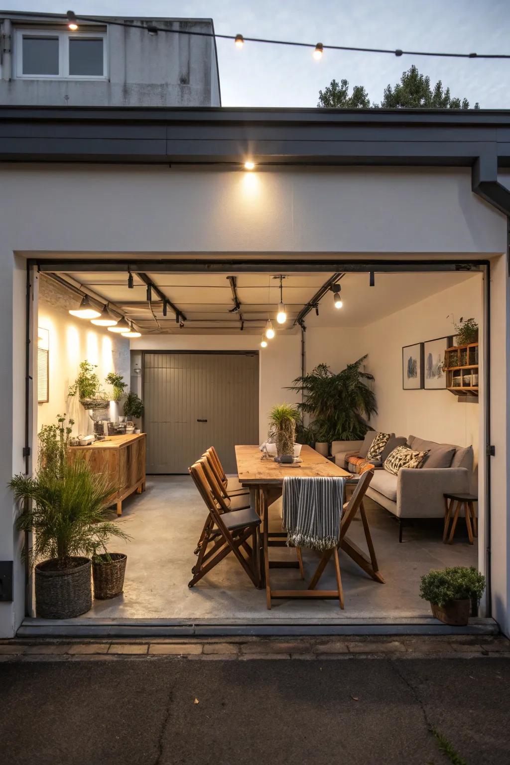 A rooftop chow sector upon a flat roof garage heightens alfresco living.