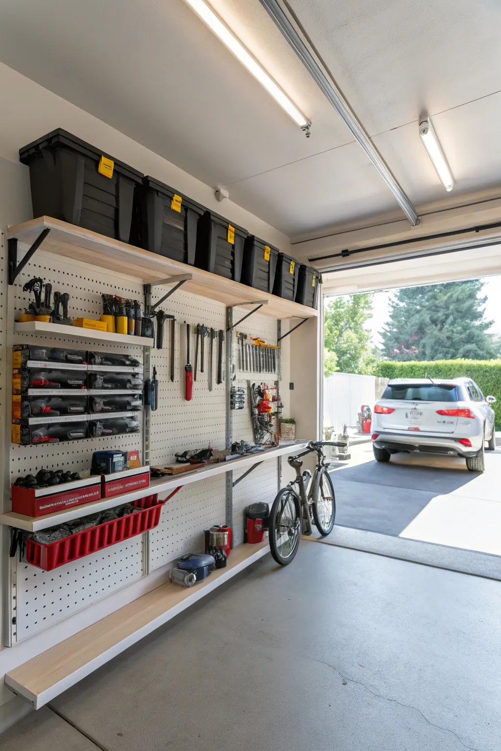 Garage structure with efficient display racks.