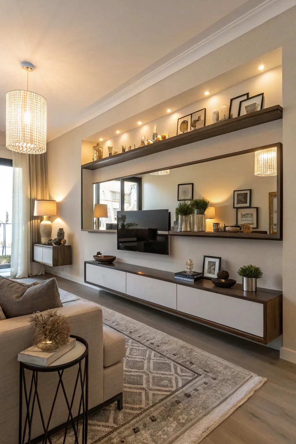 Mirrors add light and elegance to floating shelves