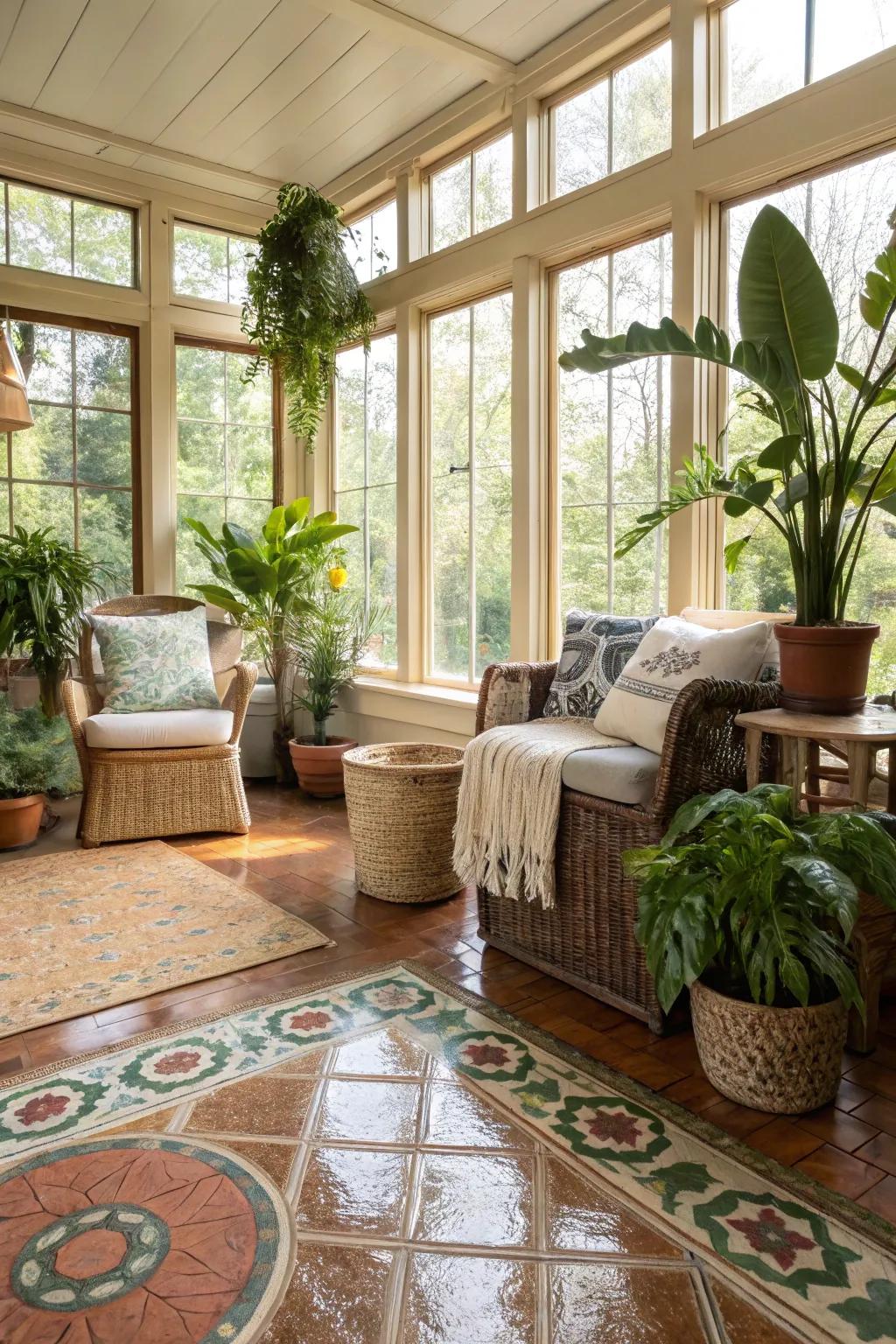 A sustainable sunroom featuring recycled material flooring.