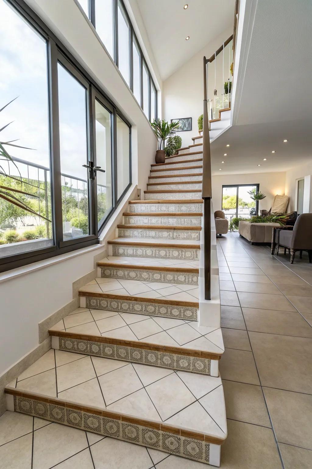 Hard tiles furnish resilience and style for high-footfall staircases.