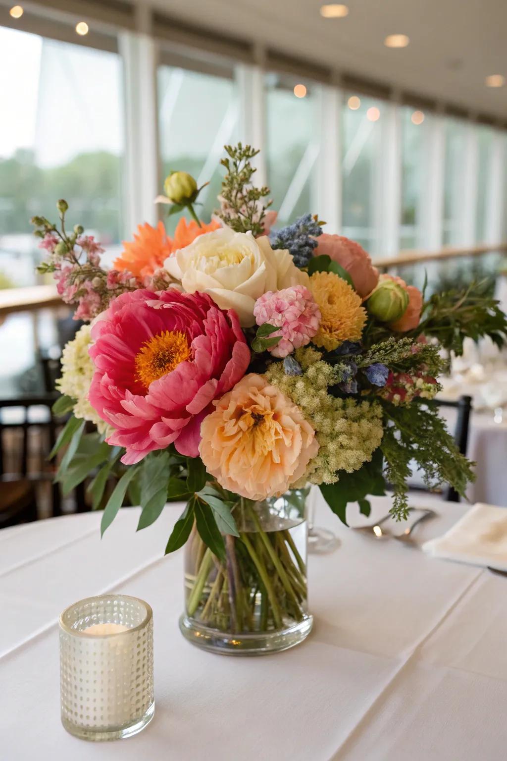 A floral centerpiece with oversized blooms on a table.
