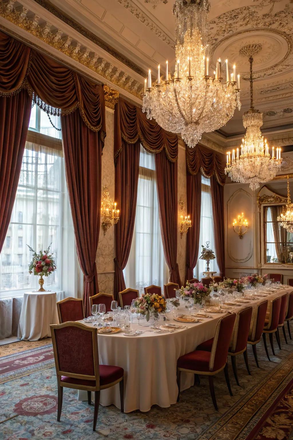 Silk curtains enhance the luxurious feel of this dining room.