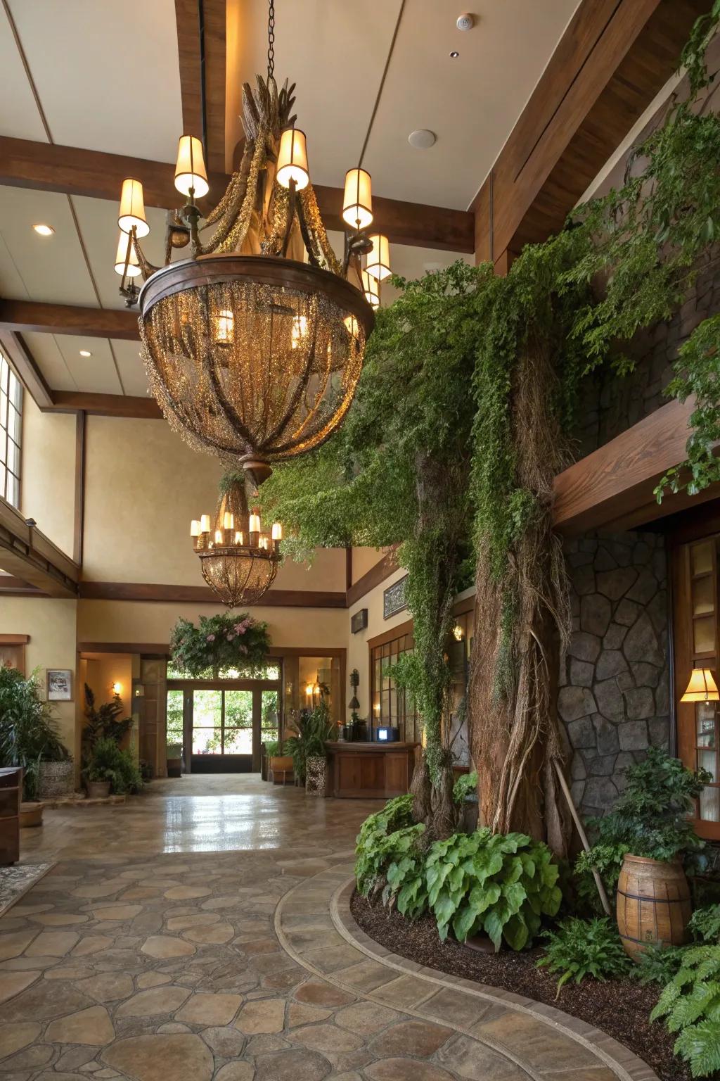 An organic-shaped chandelier enhances this nature-themed foyer.