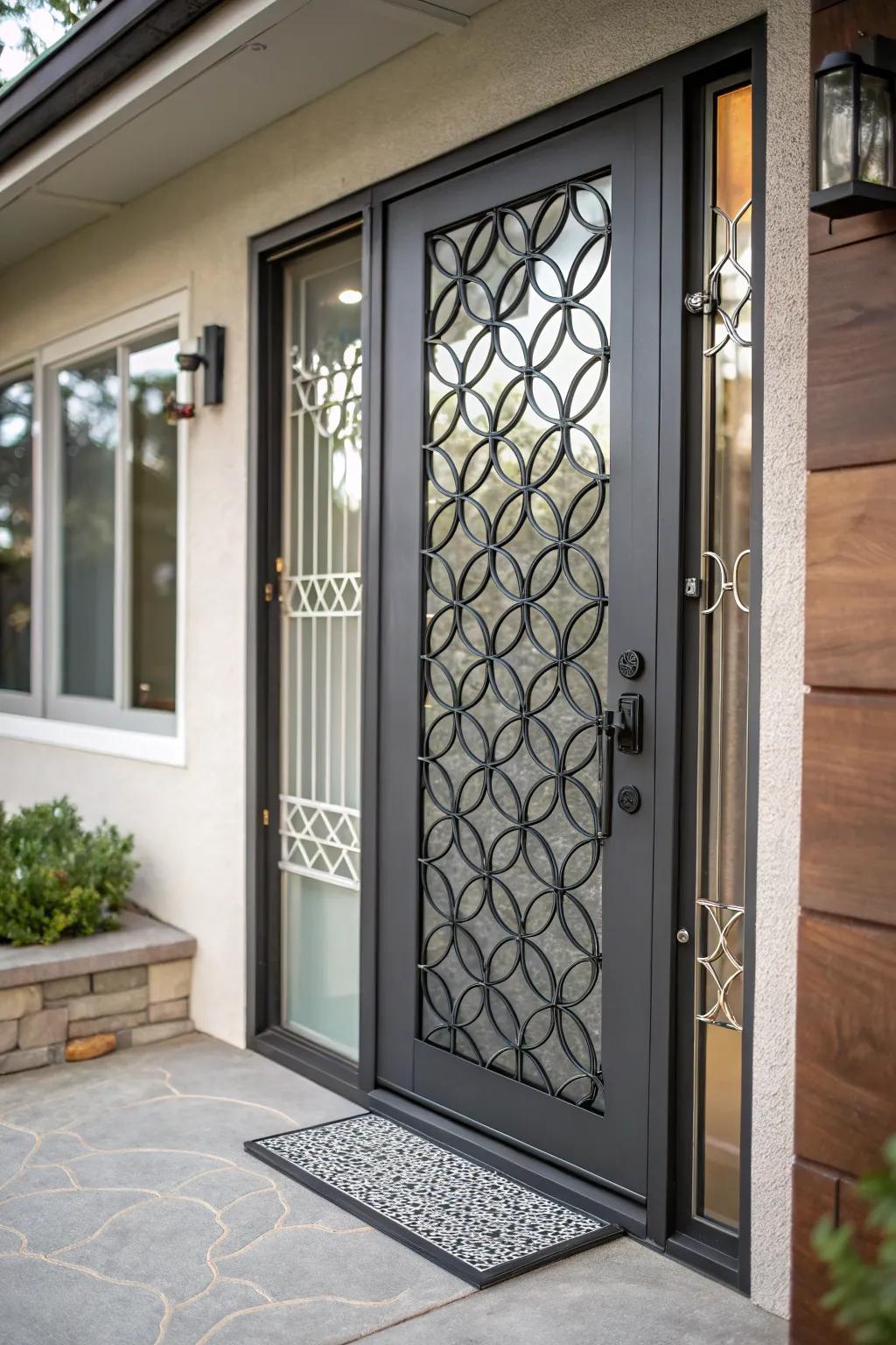A front door that has a stylish privacy grill for increased security and looks.
