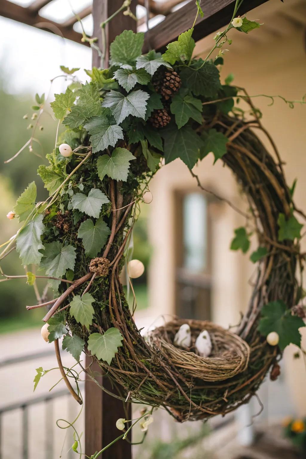 A grapevine nest wreath, offering a charming and rustic embrace at your entrance.