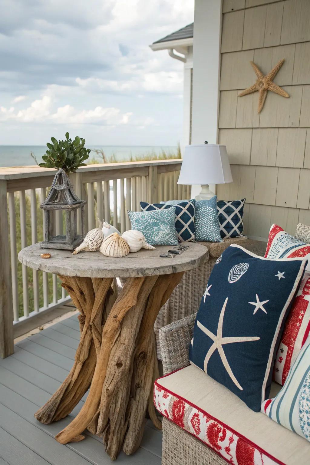A driftwood accent table injects a coastal ambiance into your porch.