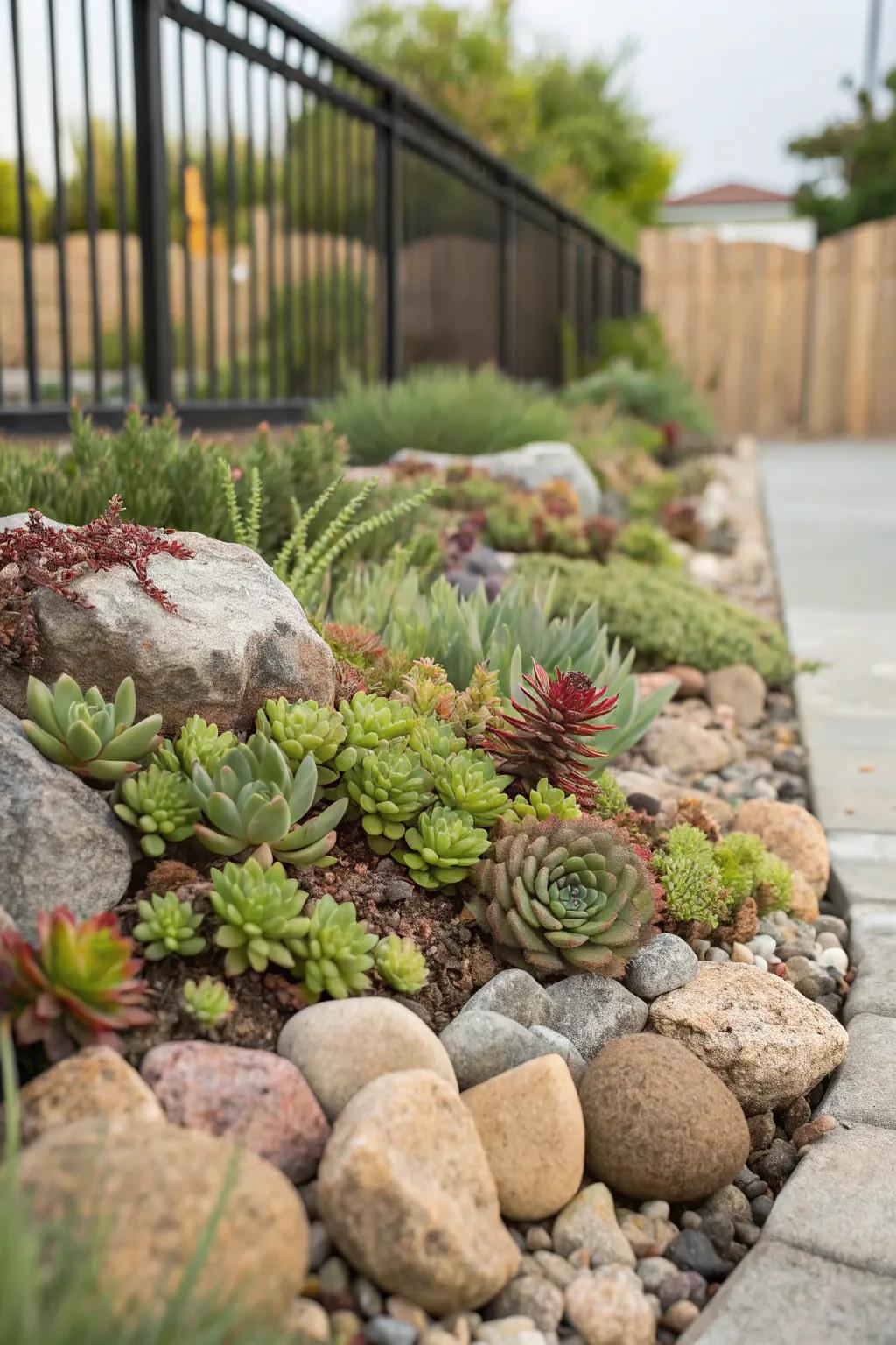 Rock gardens contribute texture and reduce maintenance needs.