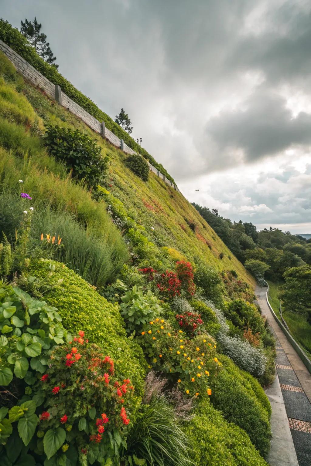 A thriving vertical garden transforms your slope into a vertical garden showcase.