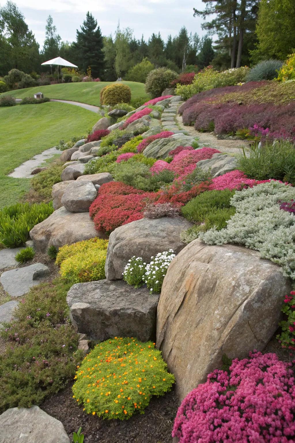 Add a playful twist using colorful ground cover around stone borders.