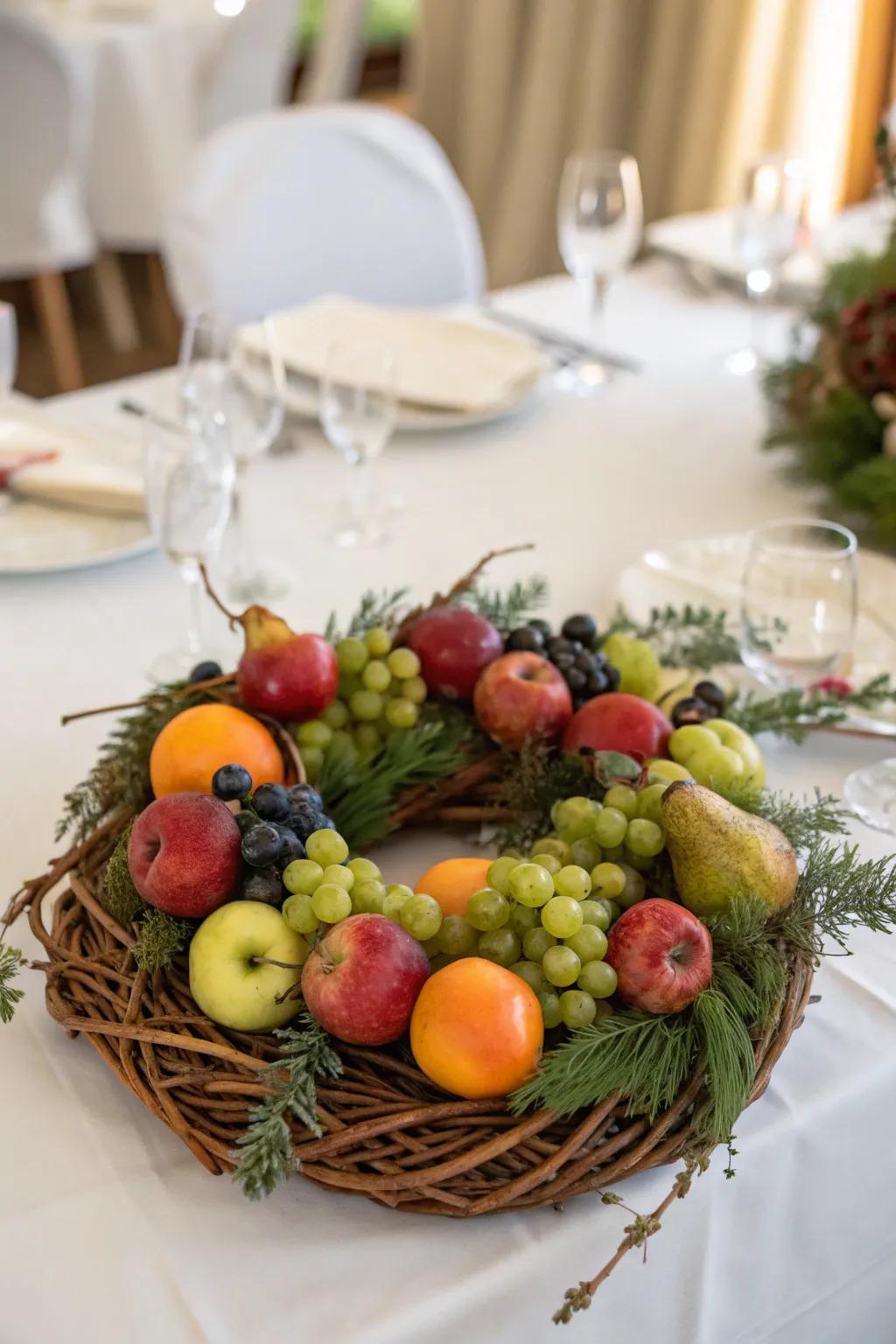 A fruit-adorned twisted vine wreath adds sophistication to any celebration.