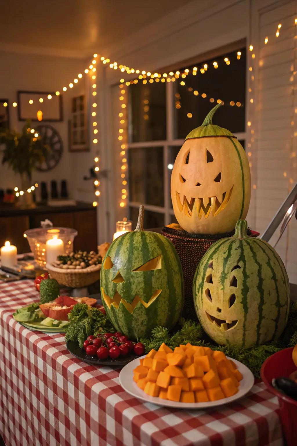Spooky fruit carvings for a Halloween-themed gathering.