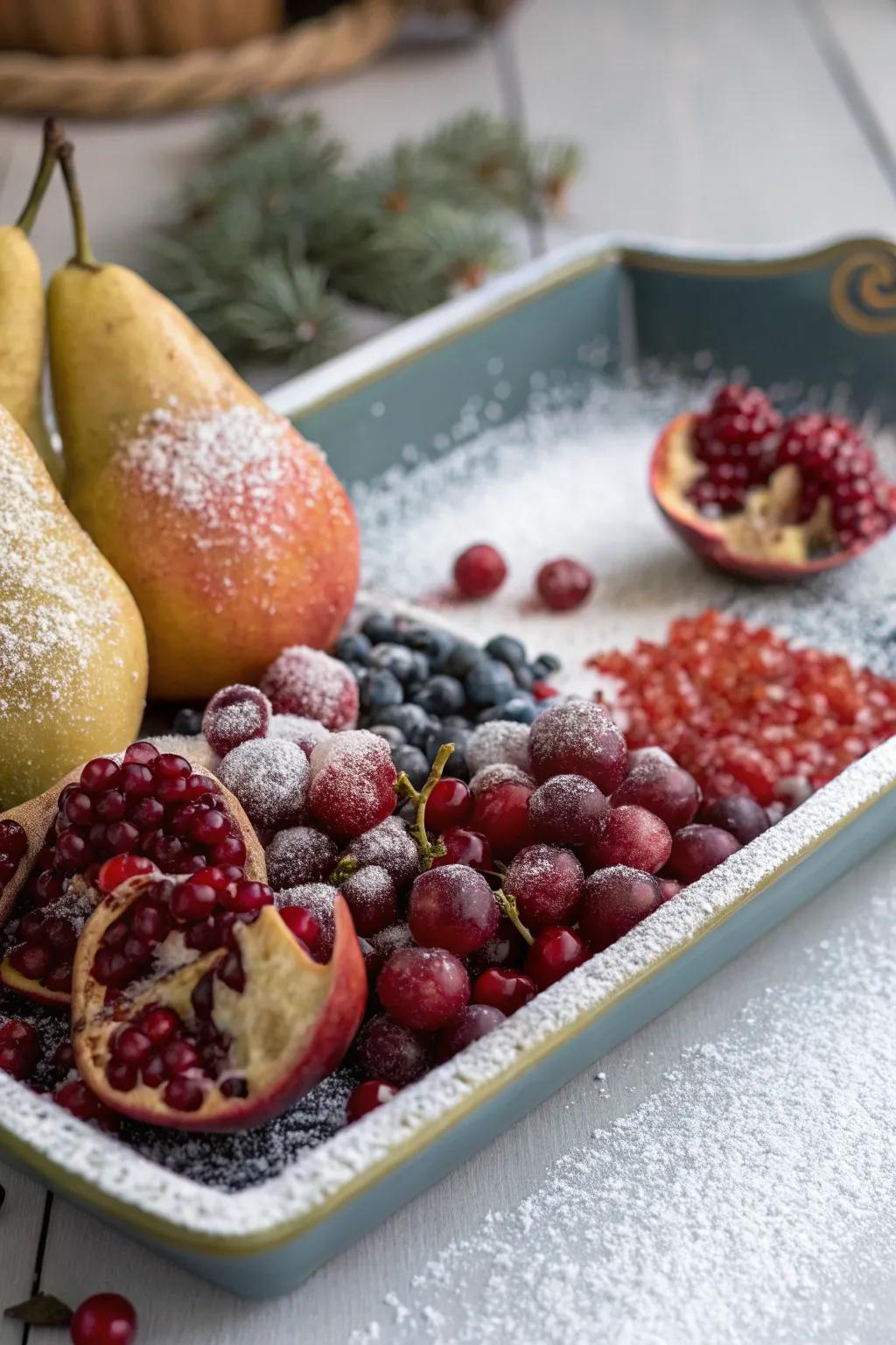 A winter wonderland fruit arrangement with a snowy element.