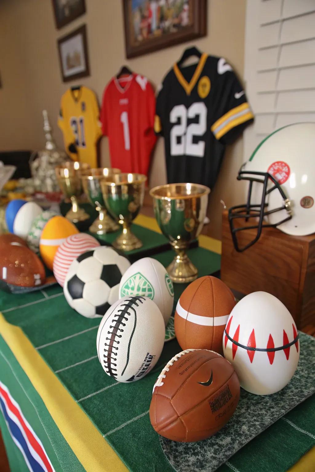 Sports eggs ready to cheer on the home team.