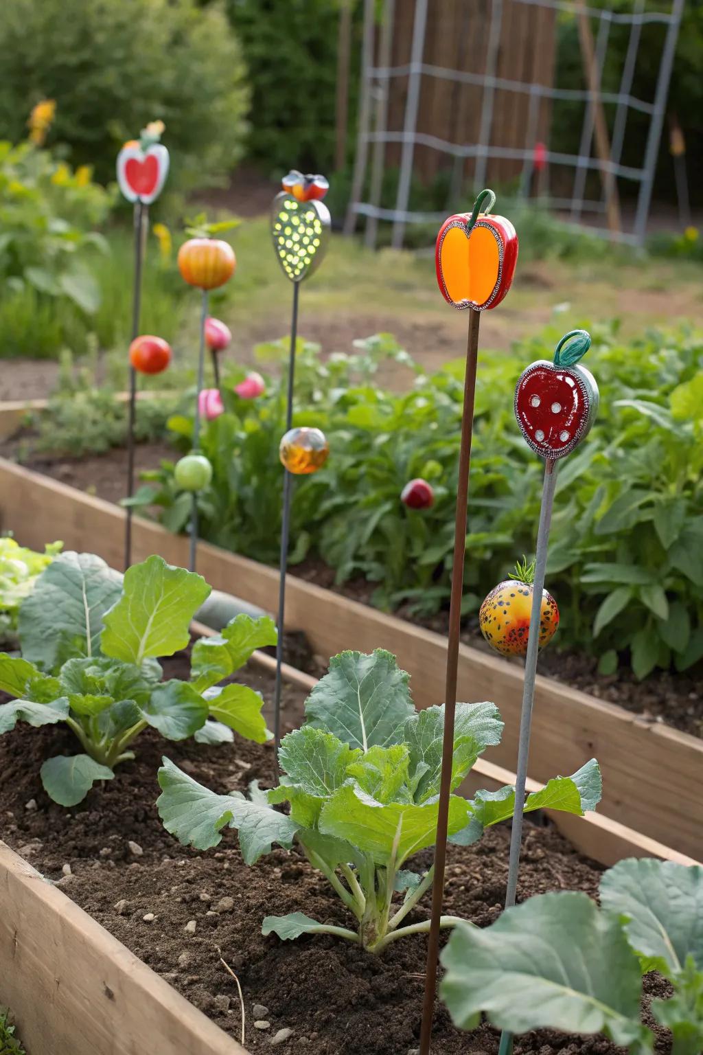 Fruit-themed decorations adding color and playfulness to the garden.