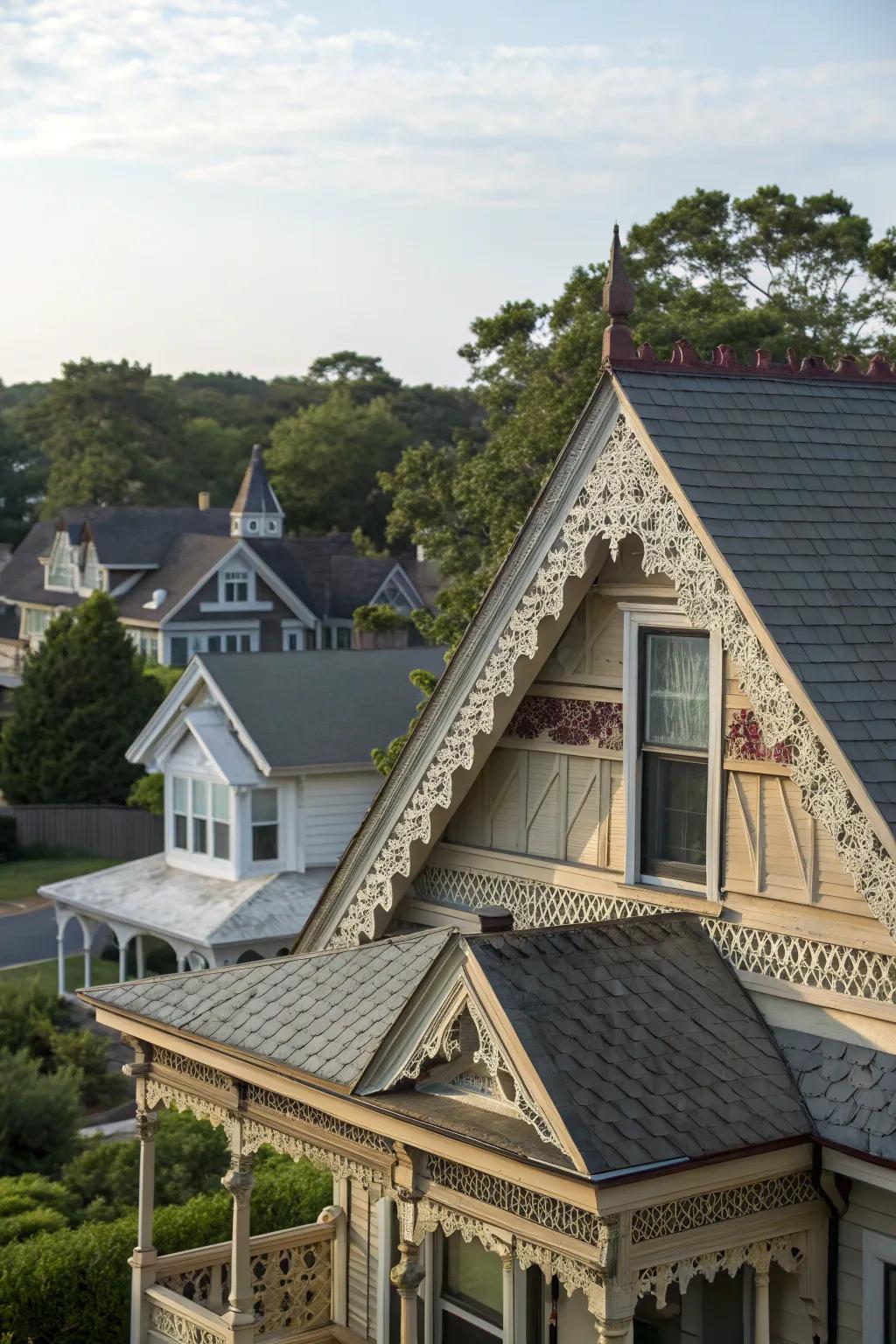 Layered materials create dynamic apex designs.