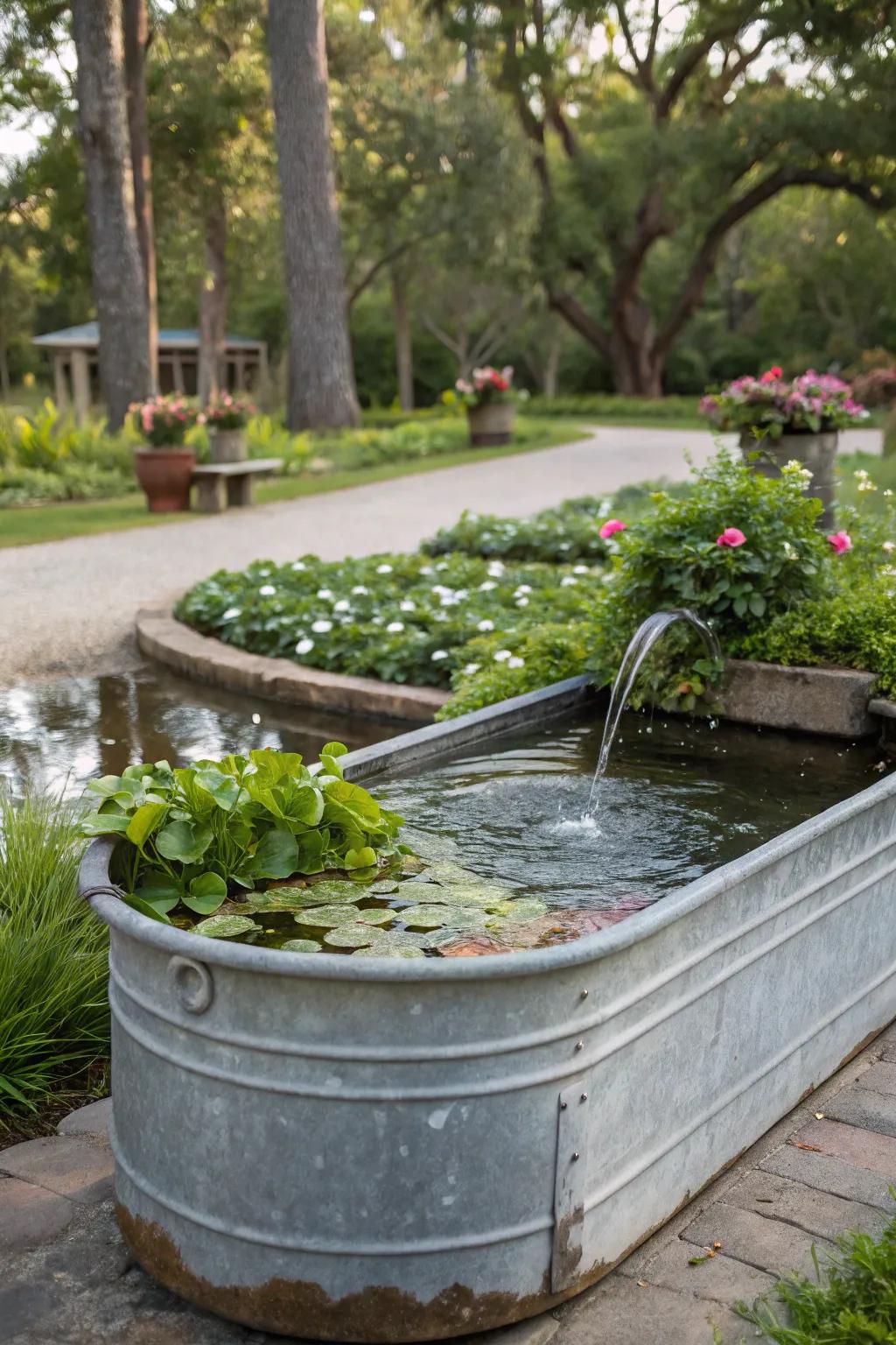 Floating plant islands contribute a unique aspect to a basin fountain.