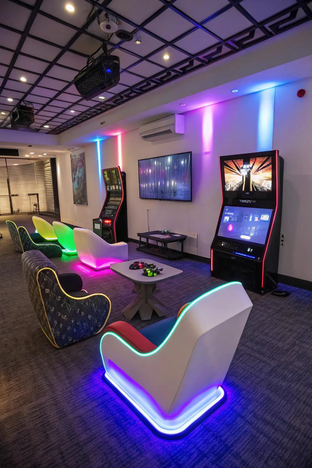 Futuristic LED seats add a vibrant glow to your gaming experience.