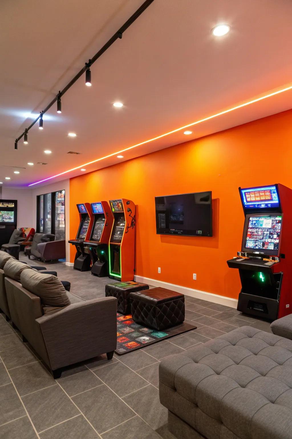 The game room is energized and enlivened by this tangerine wall.
