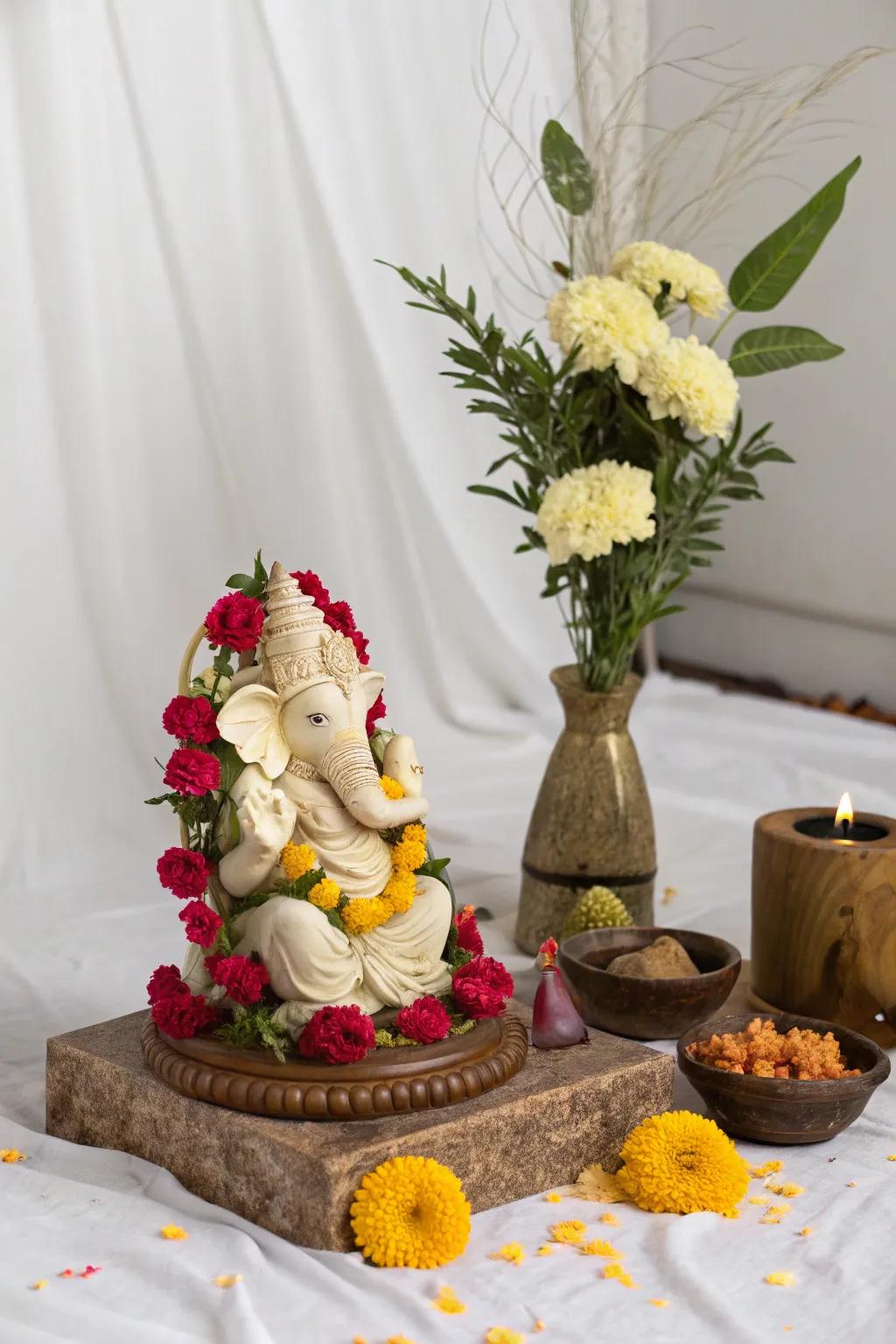 A minimalistic arrangement showcasing a solitary Ganesha idol and delicately positioned blossoms, thus exuding sophistication.