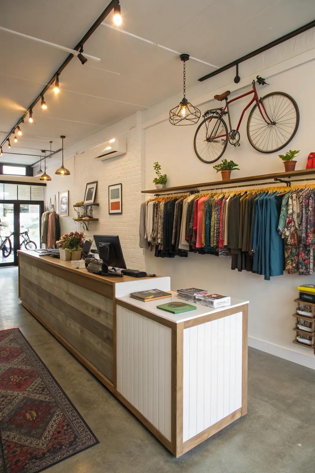 A checkout space that is both useful and stylish inside a garage boutique.