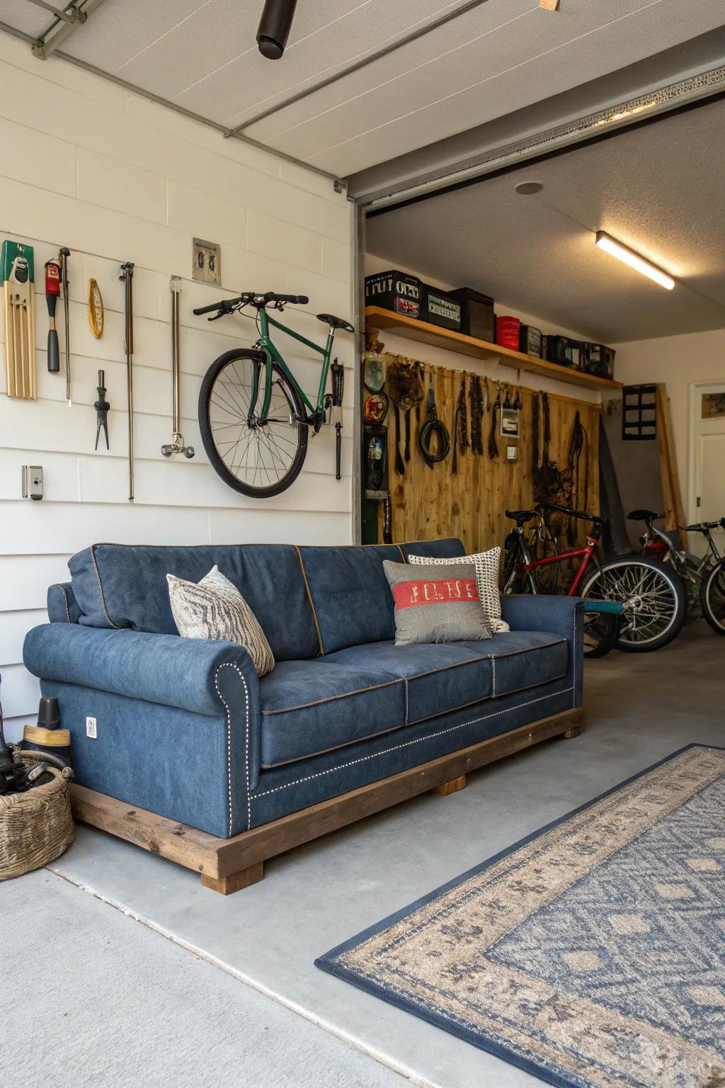 Sturdy denim seating offers a casual and laid-back vibe for your garage.