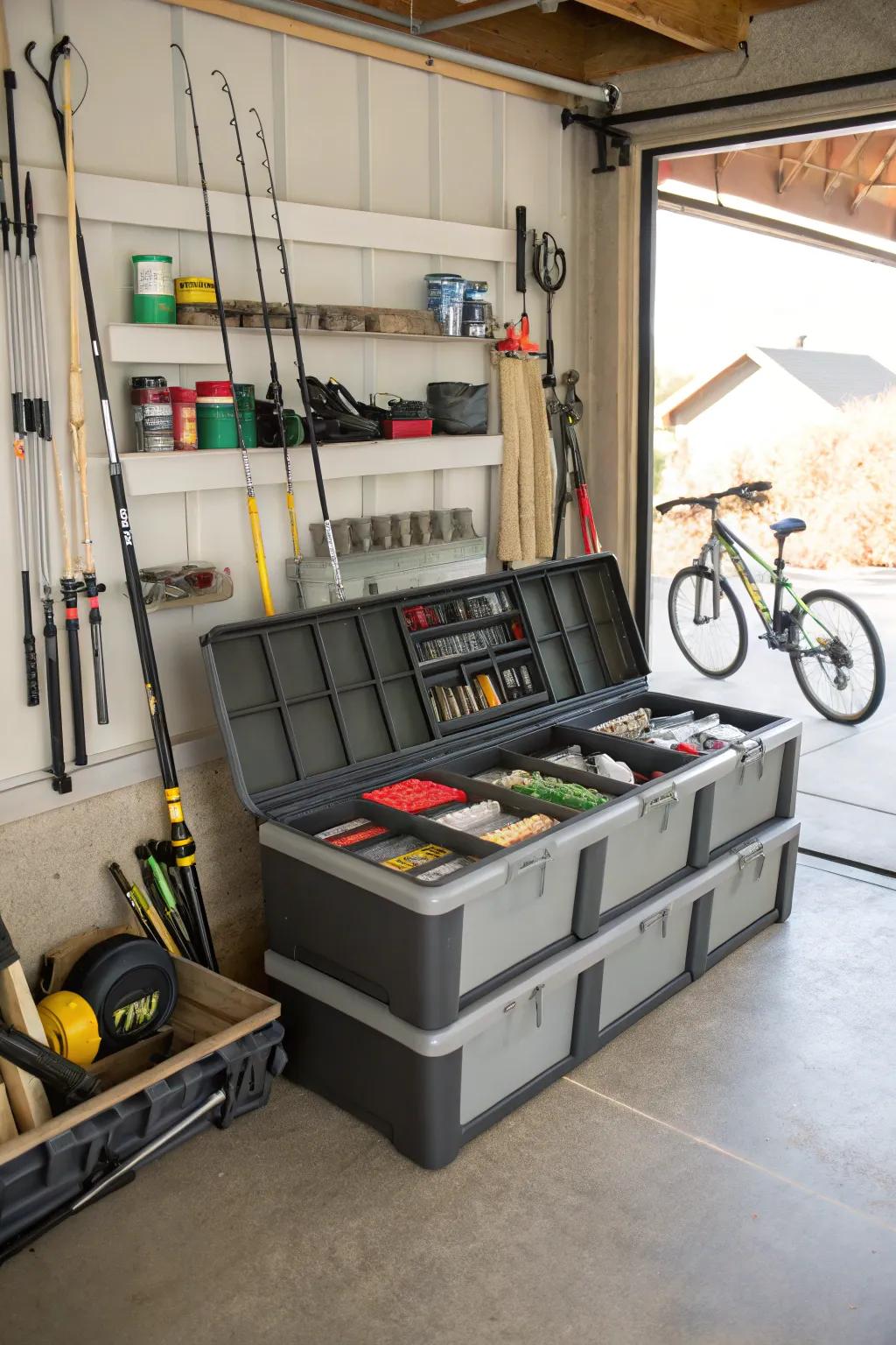 A bench has seating and storage in the garage.