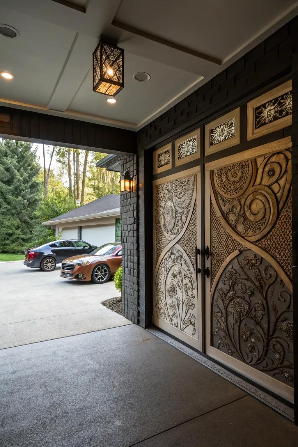 Bespoke garage entrances with intricate patterns that elevate the design.
