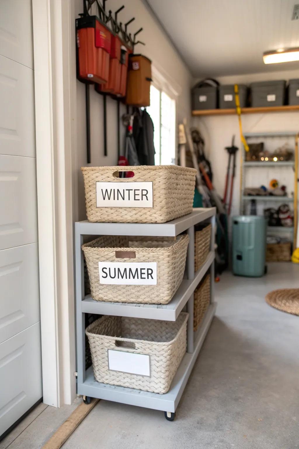 Seasonal storage solutions maintain your mudroom organized and efficient.