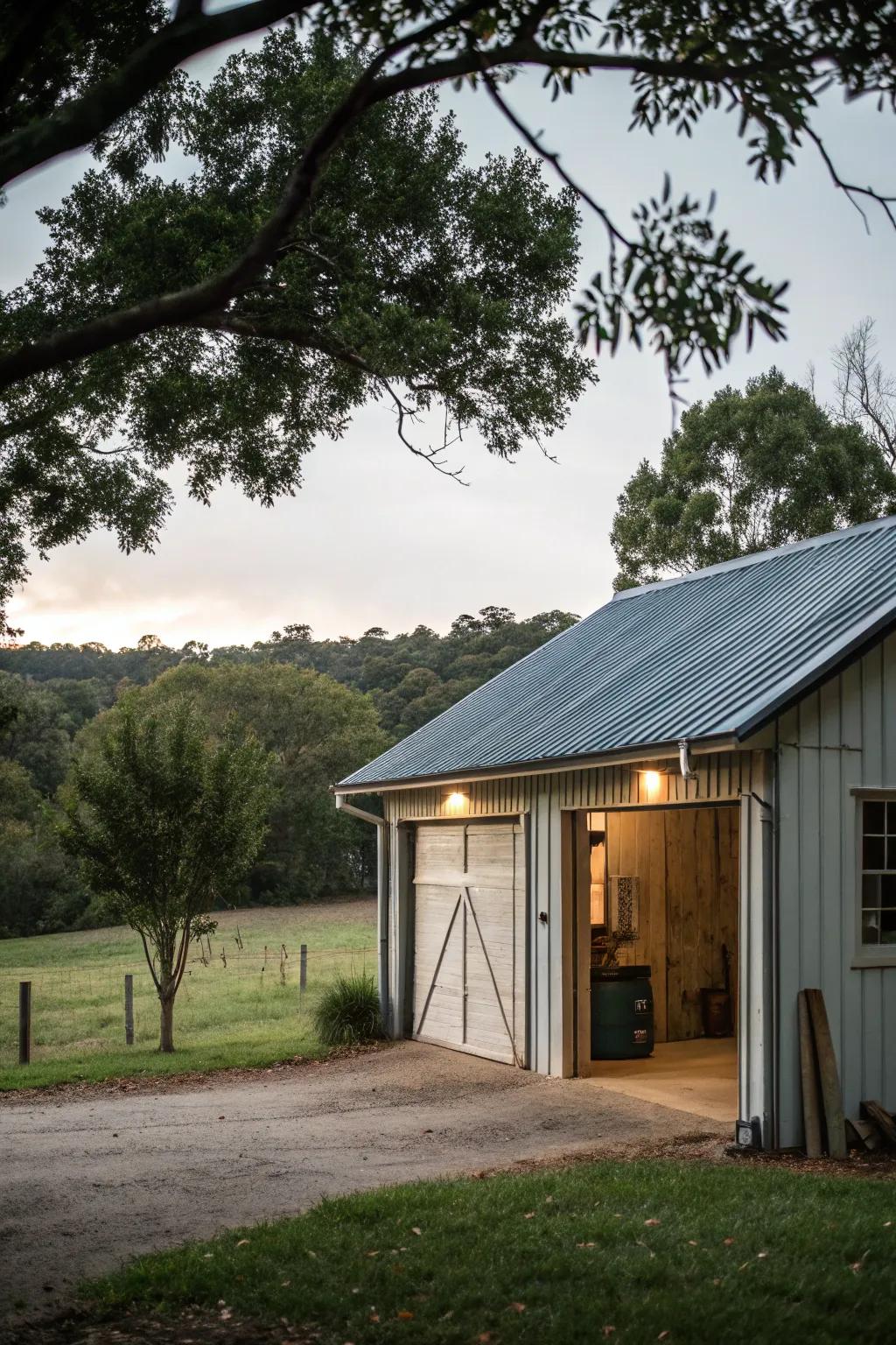 A country metal roof expansion appends retro charm to the garage.