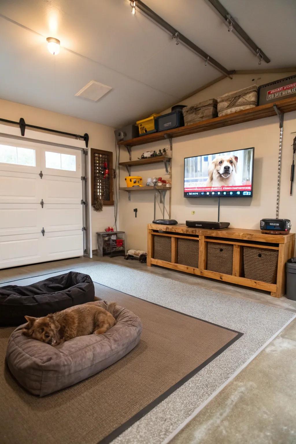 Create a delightful pet-friendly area featuring a TV in your garage.