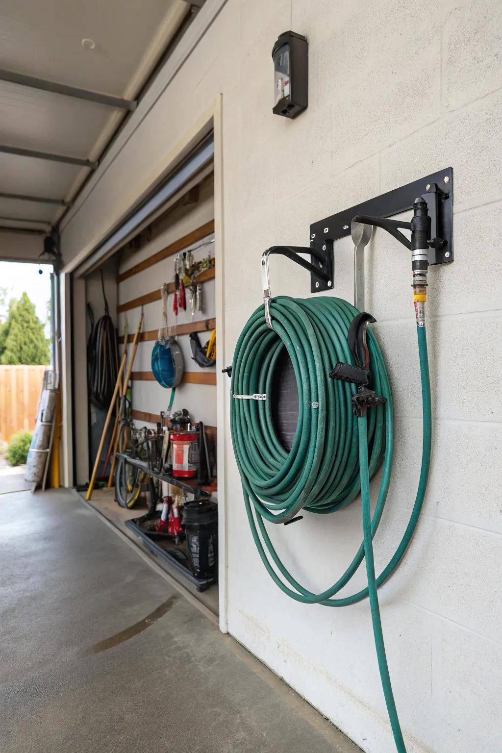 Wall-mounted hose reels maintain hoses arranged and accessible.