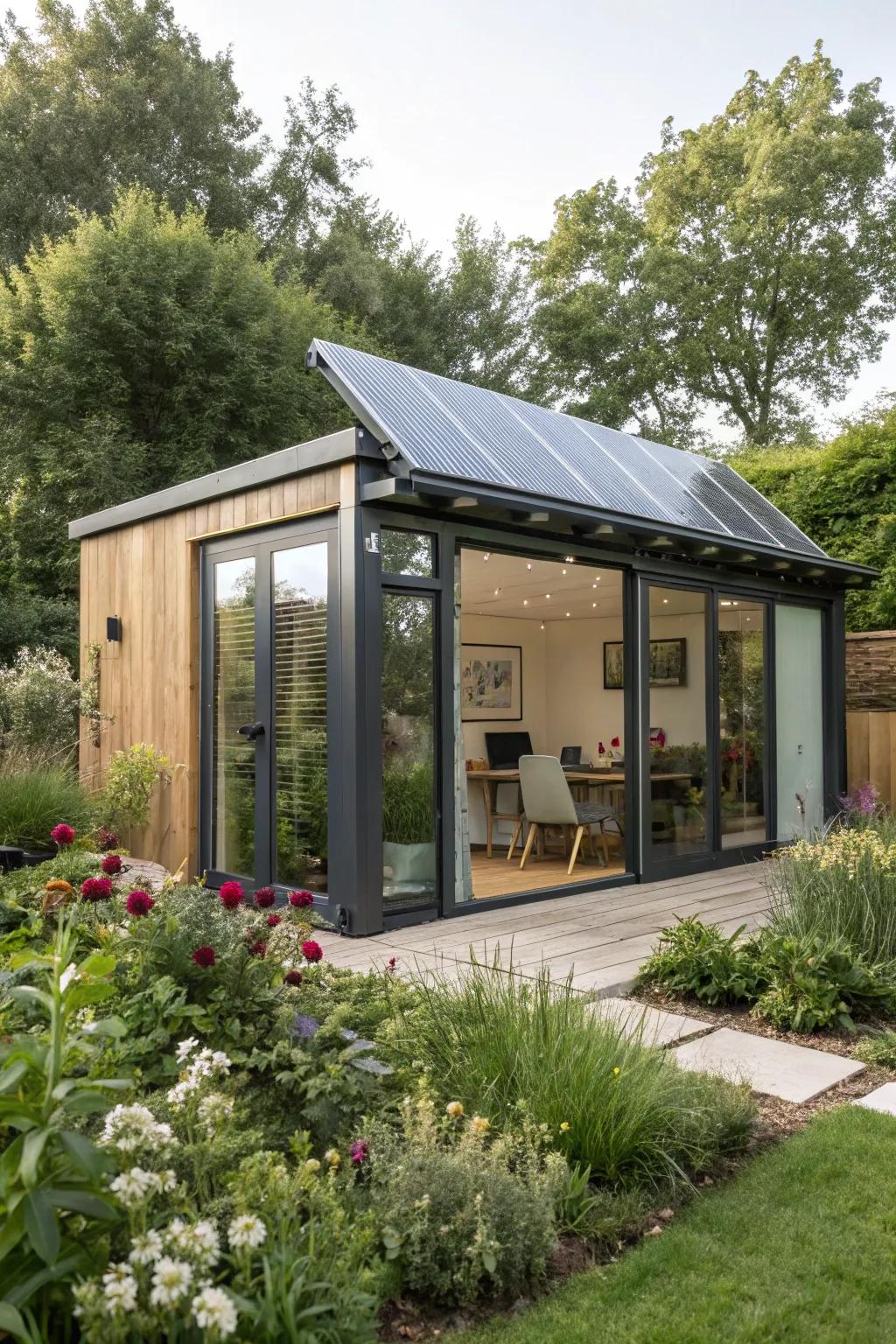A green sun-powered garden office, using energy from the sun.