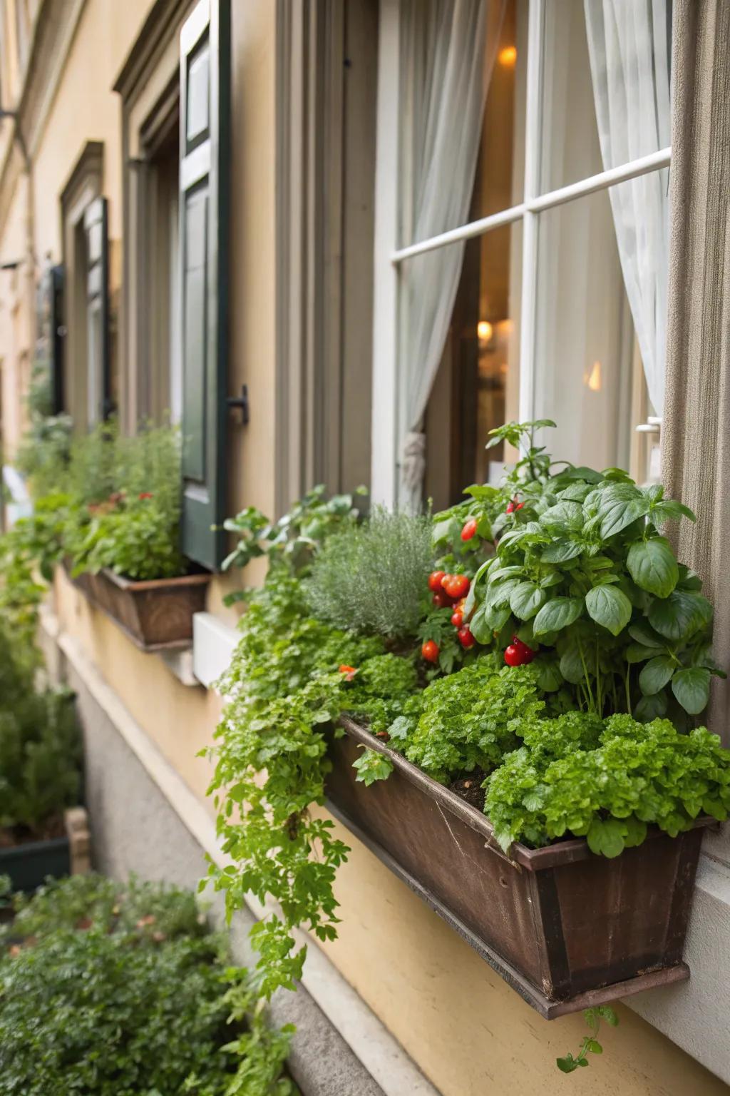 Window containers with herbs and vegetables adorning a window.