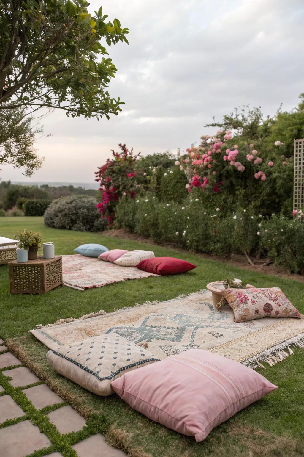 Interior essences like rugs and cushions transport comfort outdoors.