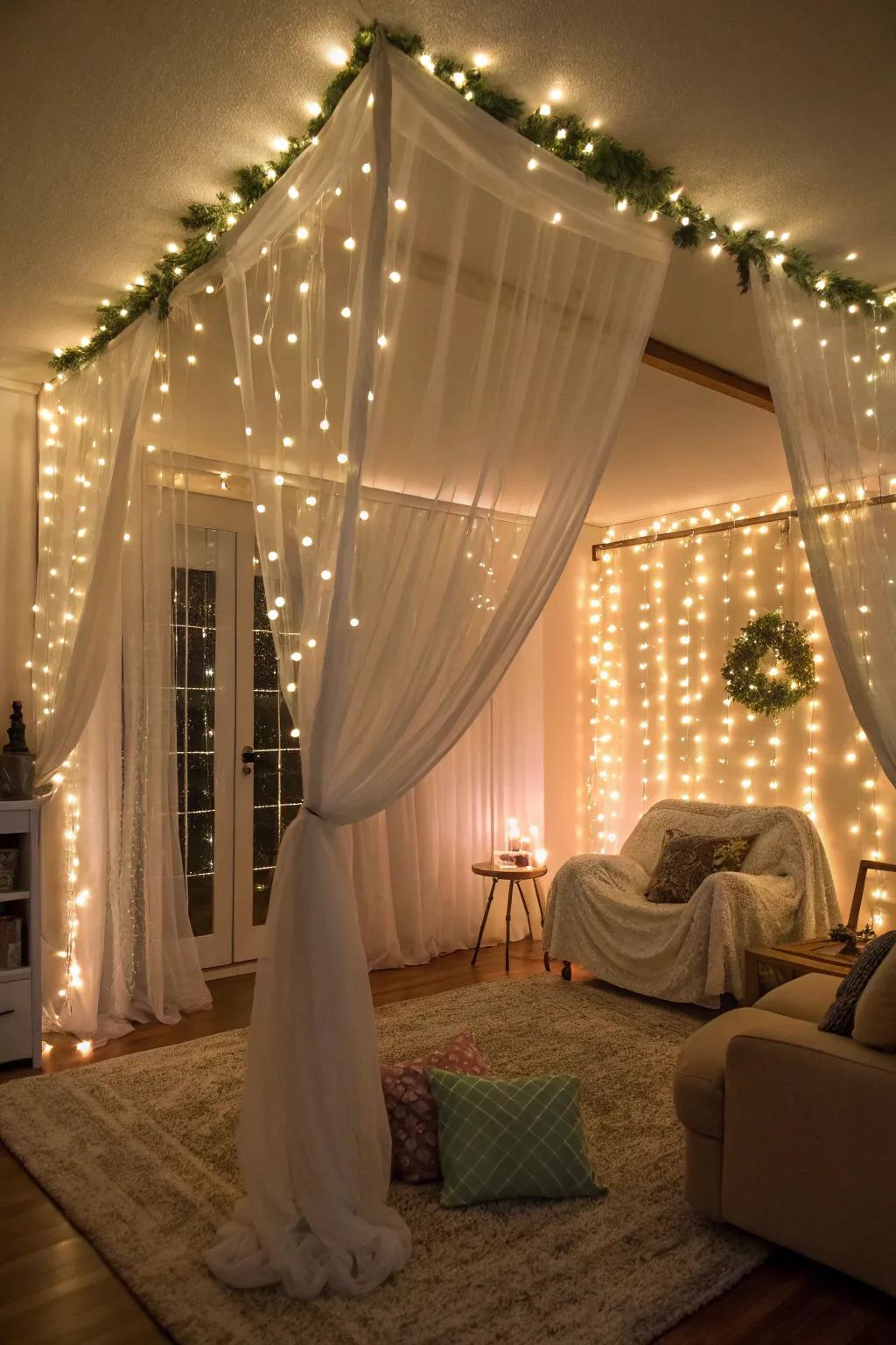 Fairy lights give a magical, celebratory glow.