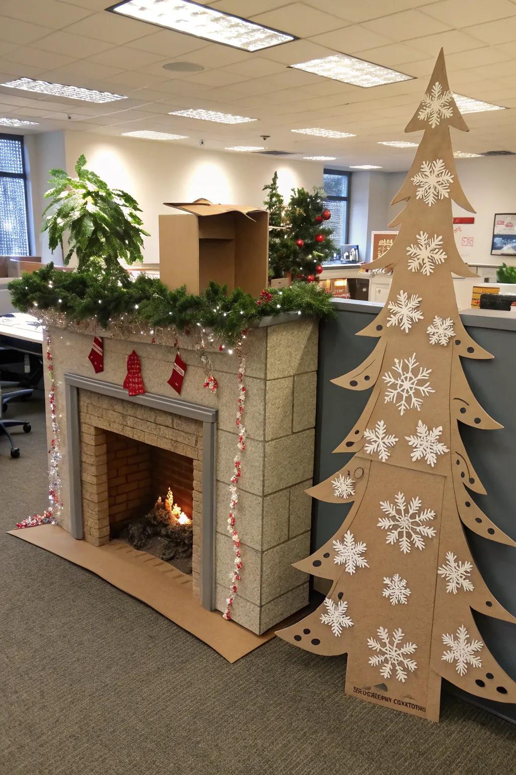 A snug fireplace warms the office.