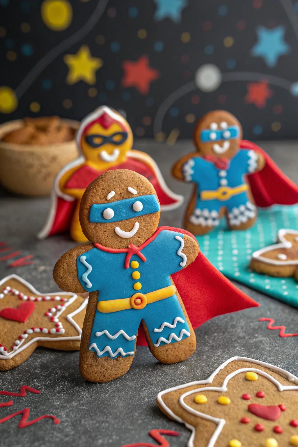 Superhero gingerbread figures poised to rescue the day with sweetness.