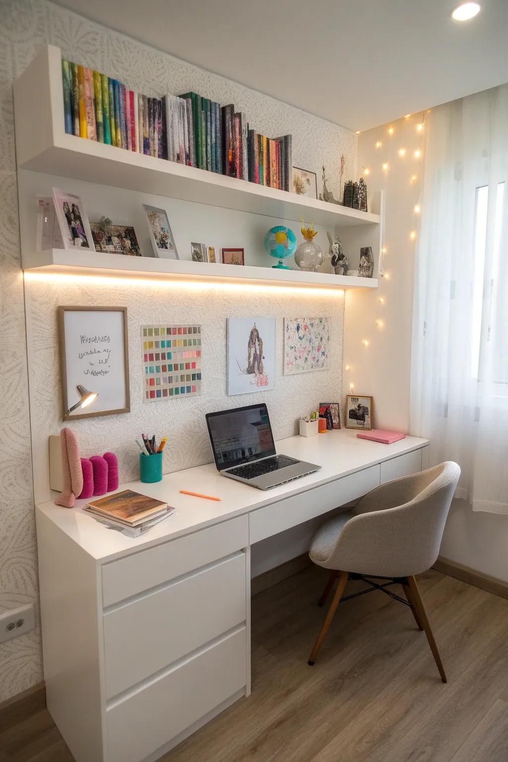 A floating desk adds functionality and modern style.
