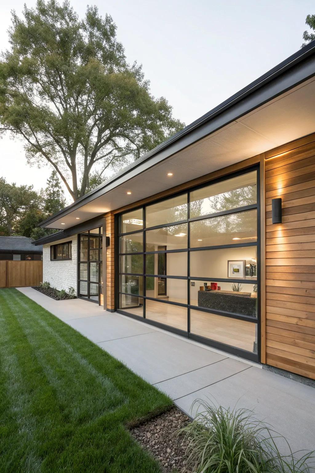 A mid-century modern home with a stylish glass panel entryway.