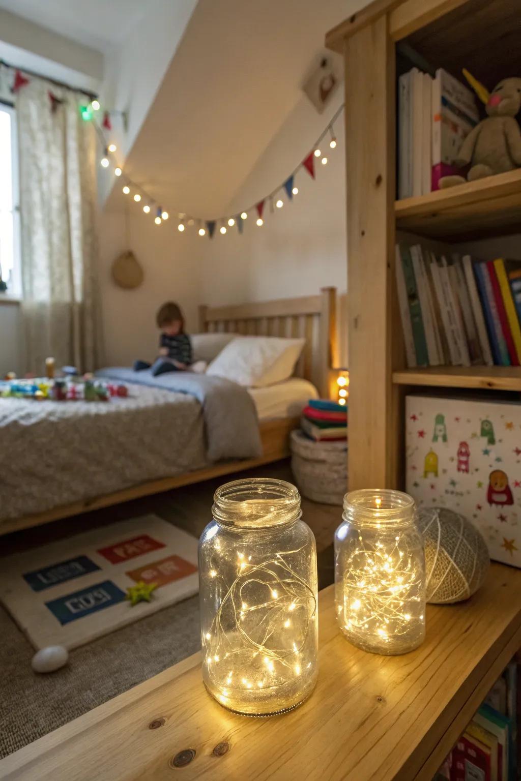 Jar night illumination provides comfort and charm within children's quarters.