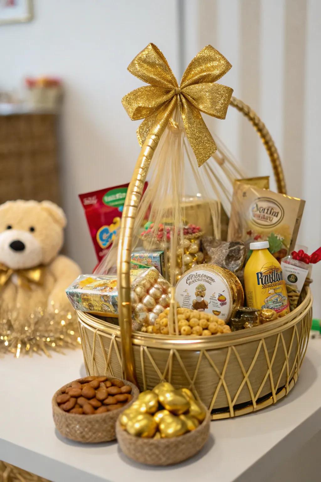 A delightful golden gift basket brimming with surprises.