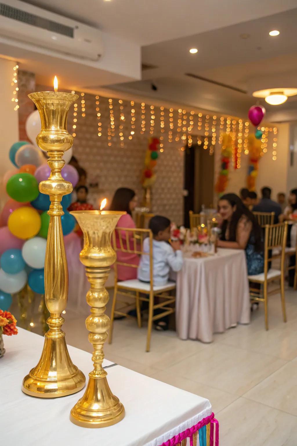 Intimate gilded candlelight fostering an inviting atmosphere.